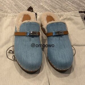 Hermes Calotta Wood Mule Clogs Size 38 - Denim / Rare